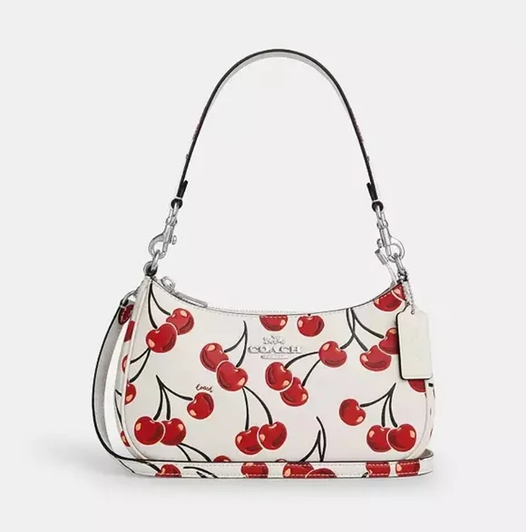 Coach Teri Shoulder Bag In Signature Canvas With Cherry Print Pink Cherry Charm - Picture 11 of 15